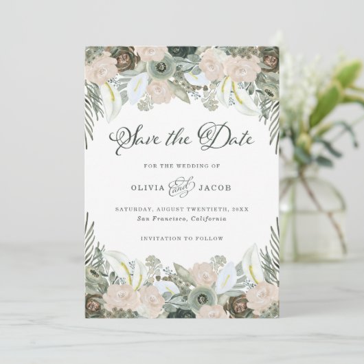 Vloeiing en Floral | Sage Green Wedding Save The Date (Staand voorkant)