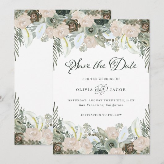 Vloeiing en Floral | Sage Green Wedding Save The Date (Voorkant / Achterkant)