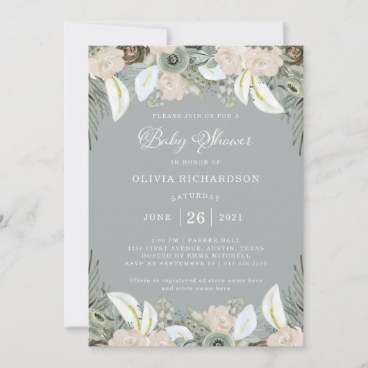 Vloeiing en Floral | Zacht grijs Baby shower Kaart (Voorkant)