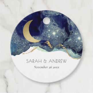 Vloeistof Abstract Ink Goud Navy Glitter Moon Brui Bedankjes Labels