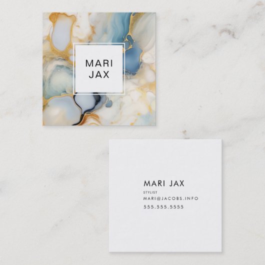 Vloeistof abstract met wit, goud en blauw vierkante visitekaartje (Voorkant / Achterkant)
