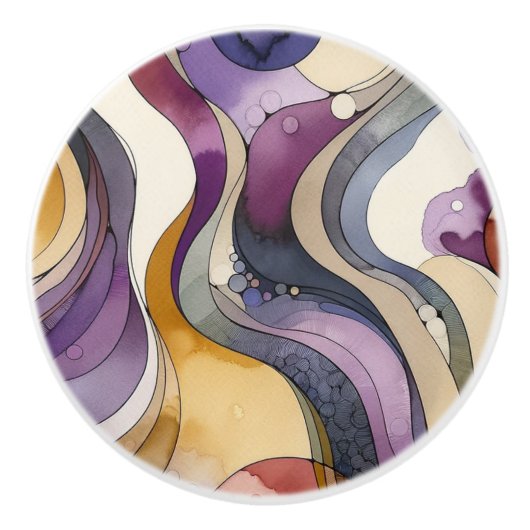 Vloeistoflijnen paarse en gouden abstracte waterve keramische knop (Voorkant)