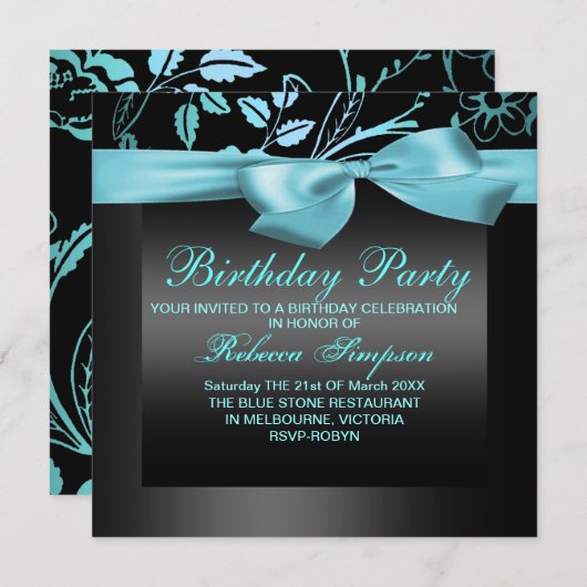 Vloerblauw en Zwarte Partij Uitnodiging van de Dag (Voorkant / Achterkant)