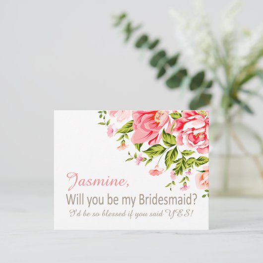 Vloerdouche word je mijn Bridesmaid? | Roze Kaart (Staand voorkant)