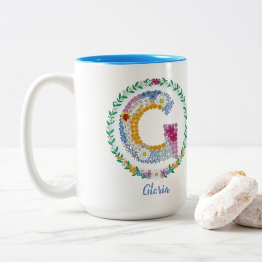 Vloerletters Initiaal "G" met gepersonaliseerde na Tweekleurige Koffiemok (Met donut)
