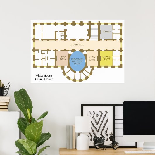Vloerplan van het Wit Huis Ground Floor Diagram Poster (Thuiskantoor)