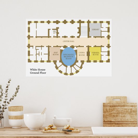 Vloerplan van het Wit Huis Ground Floor Diagram Poster (Keuken)