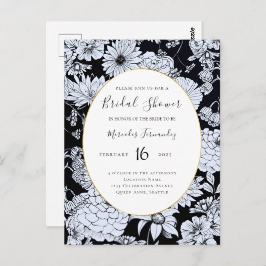 Vloertekening, zwarte en witte bloemen briefkaart (Voorkant / Achterkant)