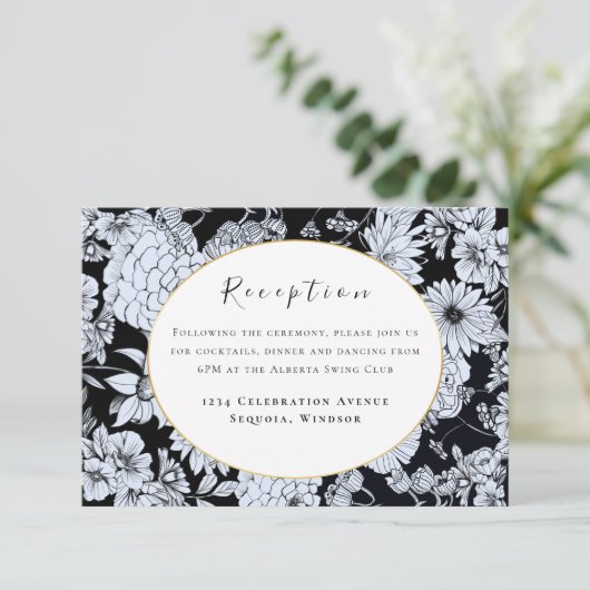 Vloertekening, zwarte en witte bloemen informatiekaartje (Staand voorkant)