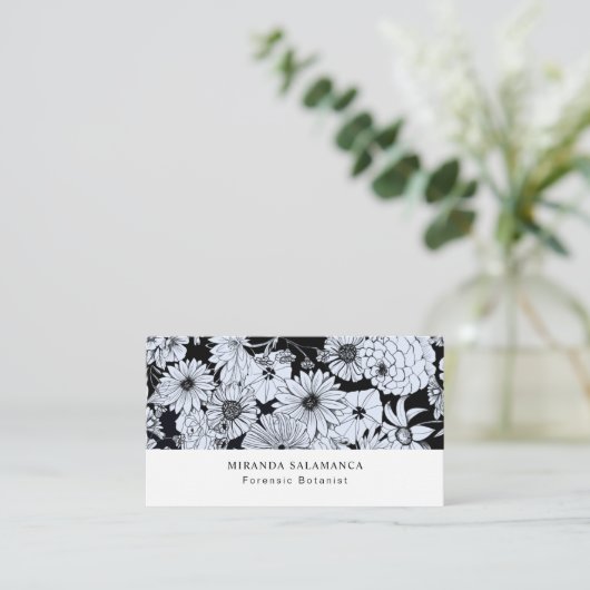 Vloertekening, zwarte en witte bloemen visitekaartje (Staand voorkant)