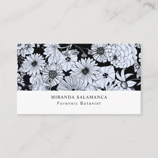 Vloertekening, zwarte en witte bloemen visitekaartje (Voorkant)