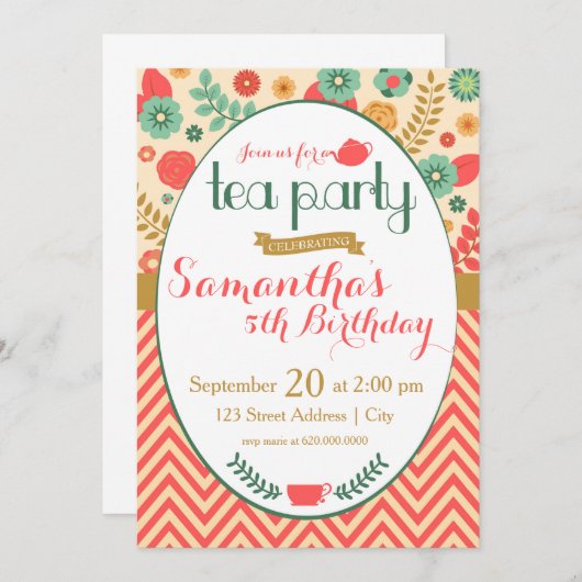 Vloertuin Tea Party Invitation Kaart (Voorkant / Achterkant)