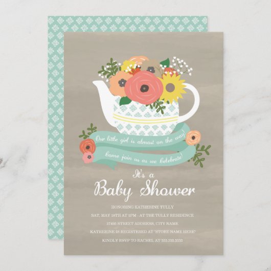 Vloertuinen Teapot Baby shower Kaart (Voorkant / Achterkant)