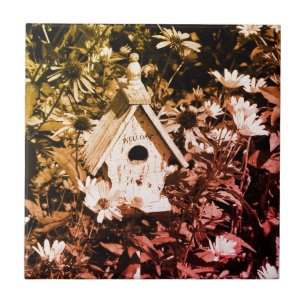 Vloertuinvogelhuis zwart-wit Vintage Tegeltje