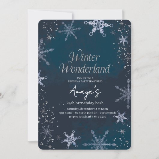 Vlokken Frame Winter Verjaardagsfeest Uitnodiging (Voorkant)
