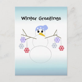 Vlokkerige Sneeuwman met Sneeuwvlokornamenten Briefkaart