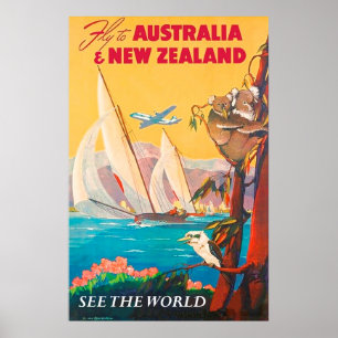 Vlucht naar Australië en Nieuw-Zeeland, zie de wer Poster