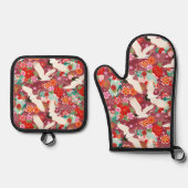 Vlucht van de kranen rood ovenwant & pannenlap set (Voorkant)