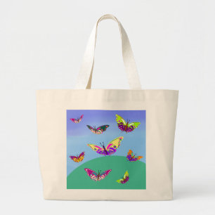Vlucht van kleurrijke vlinders grote tote bag