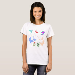 Vlucht van kleurrijke vogels en vlinders in harmon t-shirt