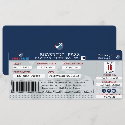 Vluchtaanboarding pass Birthday Invite Kaart (Voorkant / Achterkant)