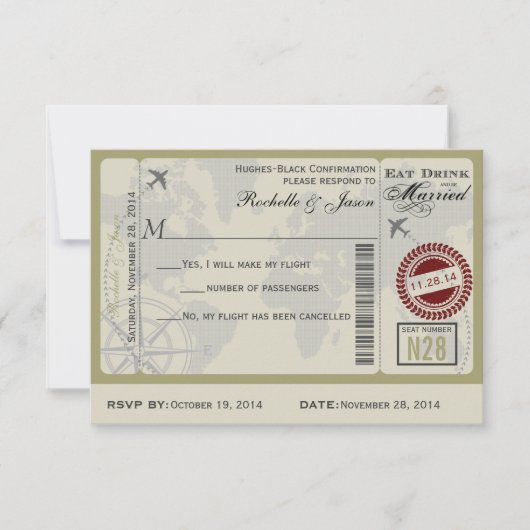 Vluchticket Huwelijk RSVP Kaart (Voorkant)