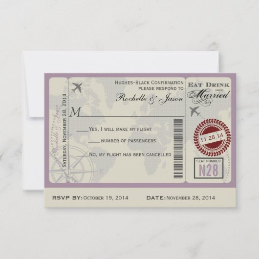 Vluchticket Huwelijk RSVP Kaartje (Voorkant)