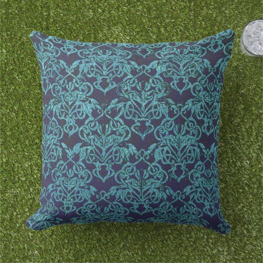 , vocht, blauw, bloemig, patroon, blauwgroen, chic buitenkussen (Gras)