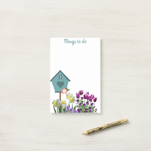 Voederhuis in de bloementeelt post-it® notes (Op bureau)