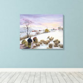 Voederschapen in de winter canvas afdruk (Insitu (Houten vloer))