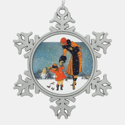 Voedervogels in de sneeuw tin sneeuwvlok ornament (Voorkant)