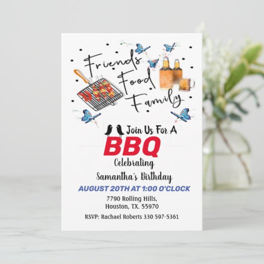 Voeding - Vriendenfamilie Birthday Barbecue Invita Kaart (Staand voorkant)