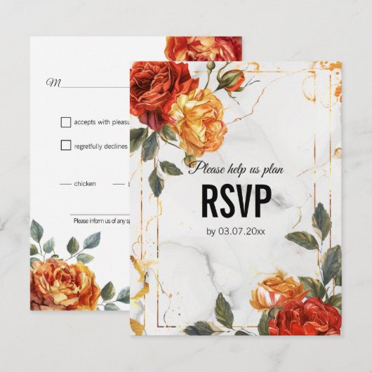 Voedingskeuze Marble Dreams: Orange Rose Elegance RSVP Kaartje (Voorkant / Achterkant)