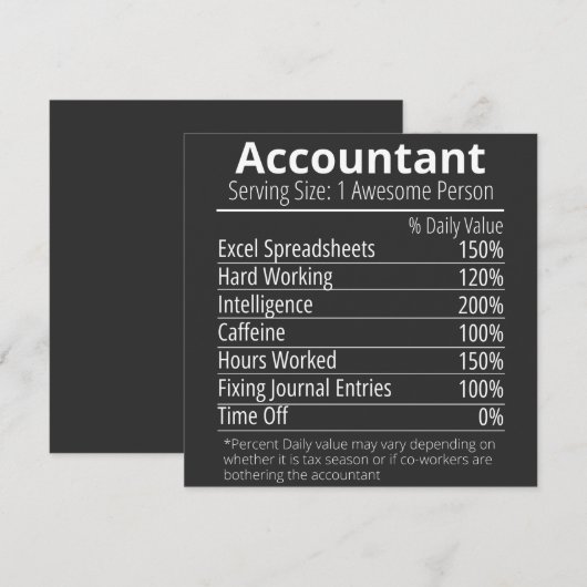 Voedingswaarde feit accountant, Voedingswaardes Kaart (Voorkant / Achterkant)