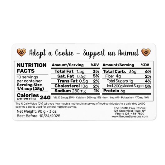 Voedingswaarde informatie Adopt a Cookie Dierenred Etiket (Voorkant)