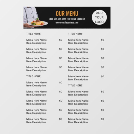 Voedsel Menu Catering Restaurant Bedrijvigheid Raamsticker (Vel)