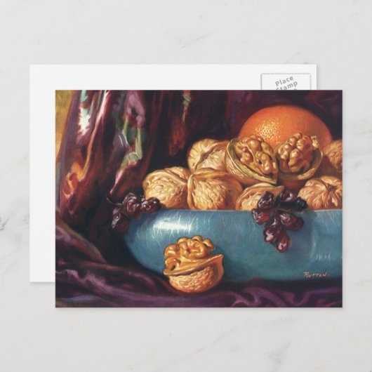 voedsel, noten en fruit in een blauwe Bowl Briefkaart (Voorkant / Achterkant)