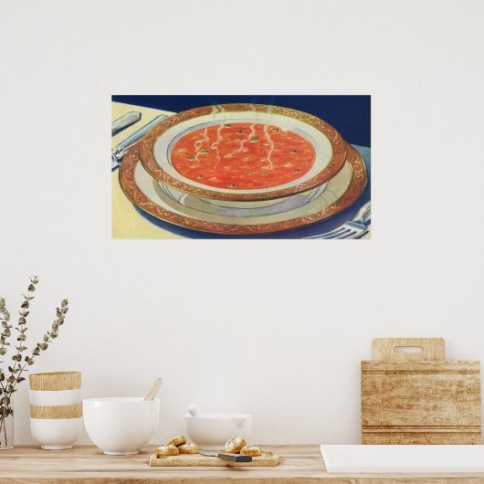 voedsel, warme Bowl van tomatensoep met erwten Poster (Keuken)