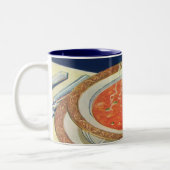 voedsel, warme Bowl van tomatensoep met erwten Tweekleurige Koffiemok (Links)