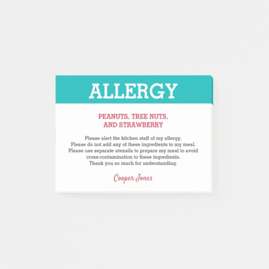 Voedselallergie Alert Restaurant Gepersonaliseerd  Post-it® Notes (Voorkant)