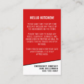 Voedselallergie Keukenveiligheid Kaart Visitekaartje (Achterkant)