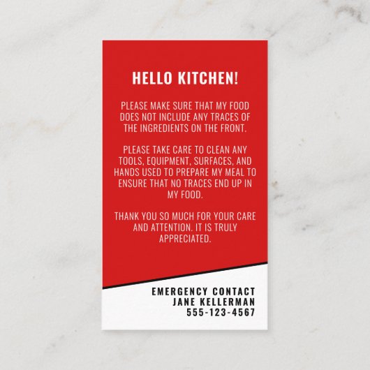 Voedselallergie Keukenveiligheid Kaart Visitekaartje (Achterkant)