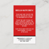 Voedselallergie Keukenveiligheid Kaart Visitekaartje (Achterkant)