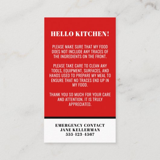 Voedselallergie Keukenveiligheid Kaart Visitekaartje (Achterkant)