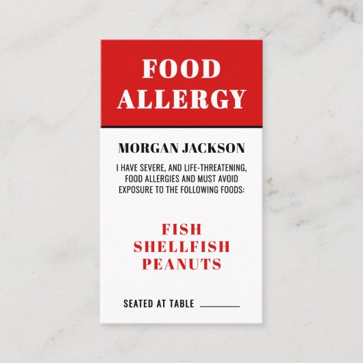 Voedselallergie Keukenveiligheid Kaart Visitekaartje (Voorkant)