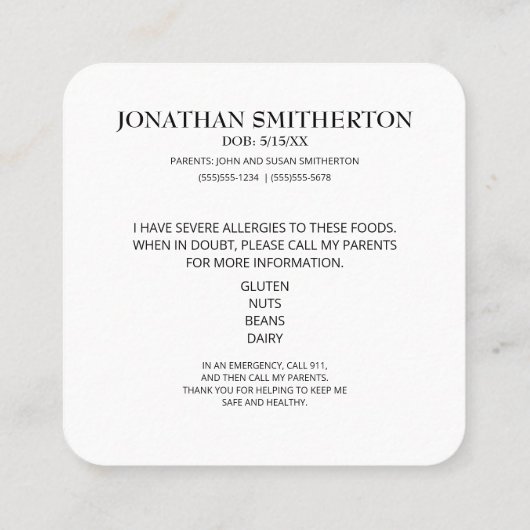 Voedselallergie Kind Ouder Informatie Vierkante Visitekaartje (Achterkant)