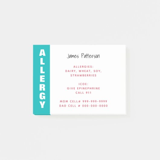 Voedselallergie Waarschuwing Gepersonaliseerd Teal Post-it® Notes (Voorkant)