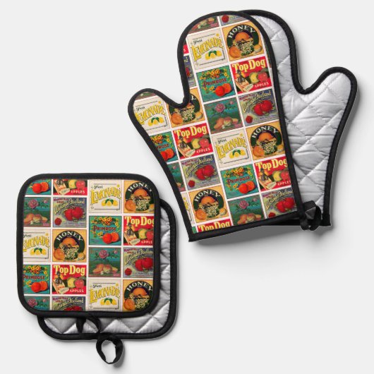  voedseletiketten - kleurrijk patroon ovenwant & pannenlap set (Voorkant / Achterkant)