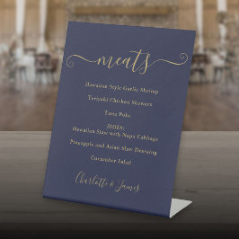 Voedselmenu handtekening script navyblauw en goud reclamebord met voetstuk