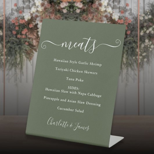 Voedselmenu handtekening script olijfgroen reclamebord met voetstuk